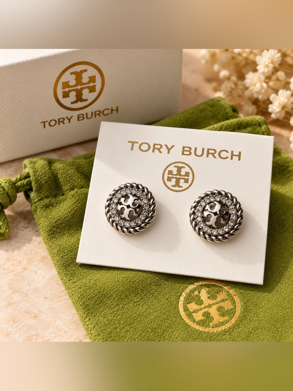 Tory Burch Silver Logo Rope-Edge Studs with Textured Border